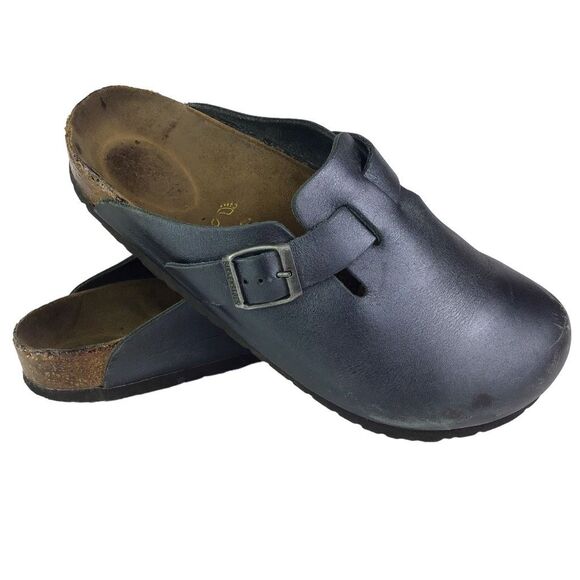 Birkenstock Shoes - Birkenstock Boston Metallic Blue Leather Clogs Mules Sz 40 Womens 9 Mens 7